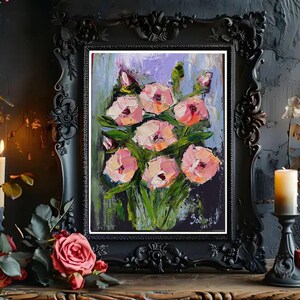 Pintura Floral Arte Original Papoulas Pintura Impasto Flores Pintura Semi Abstrata Impasto Pintura Abstrata Óleo Peônias Rosas em Papelão