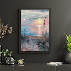 Seaside Sunset Oil Painting: Coastal Beach Landscape, Serene Nautical Art