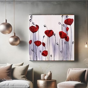 Abstract Red Poppies Oil Painting: Modern Floral Wall Art