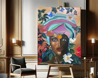 Original African Woman Oil Painting: Abstract Female Portrait, Black Gold Accents