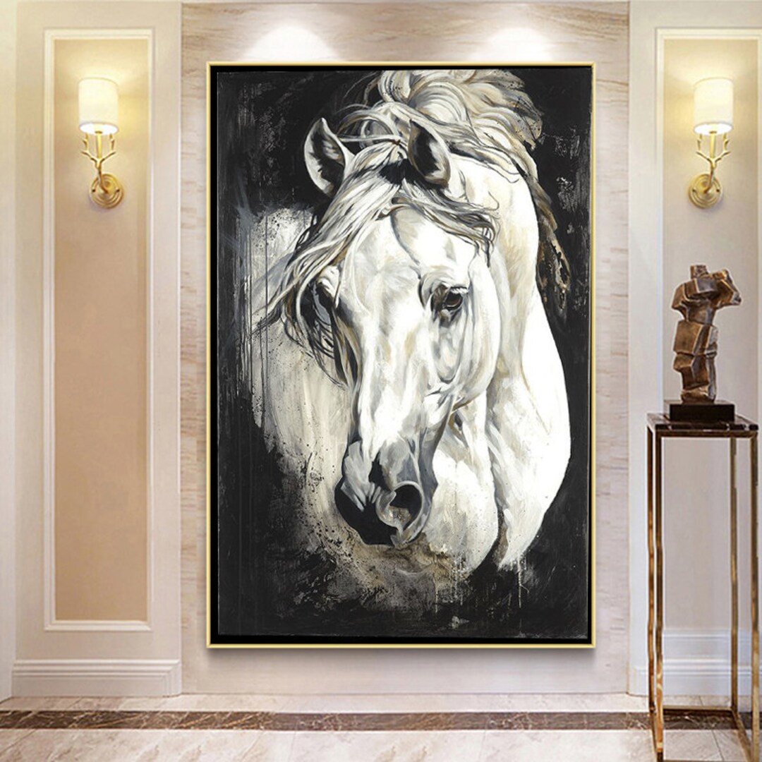 Extra Large Horse Painting Running Horse Gallop Art Black and White