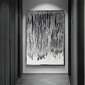 Large Abstract Silver Leaf Oil Painting: Boho Modern Texture Art