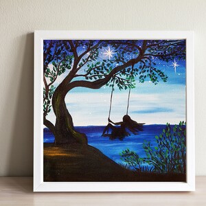 Vía Láctea Mini Pintura al óleo Pequeña pintura Niña Árbol Columpio arte Día de verano Pintura al óleo sobre lienzo Cielo nocturno Pintura de paisaje Niña columpio