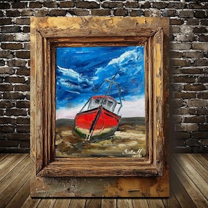 Antiguo barco pesquero varado en la orilla, pintura al óleo sobre cartón, escena costera, arte marítimo vintage, playa, barco rústico, mar y olas