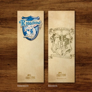 May include: A bookmark with a vintage design featuring a blue and white crest with a rabbit wearing glasses and a scarf. The crest says "Rabbitpaw" and the bookmark says "FirefanZ" at the bottom. The back of the bookmark features a brown and white crest with a bunny, a cat, and a dog. The crest says "Bunny School" and "#FLUTTCRAFT & RINKERY". The bookmark says "FirefanZ" at the bottom.