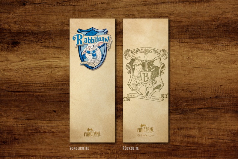May include: A bookmark with a vintage design featuring a blue and white crest with a rabbit wearing glasses and a scarf. The crest says "Rabbitpaw" and the bookmark says "FirefanZ" at the bottom. The back of the bookmark features a brown and white crest with a bunny, a cat, and a dog. The crest says "Bunny School" and "#FLUTTCRAFT & RINKERY". The bookmark says "FirefanZ" at the bottom.