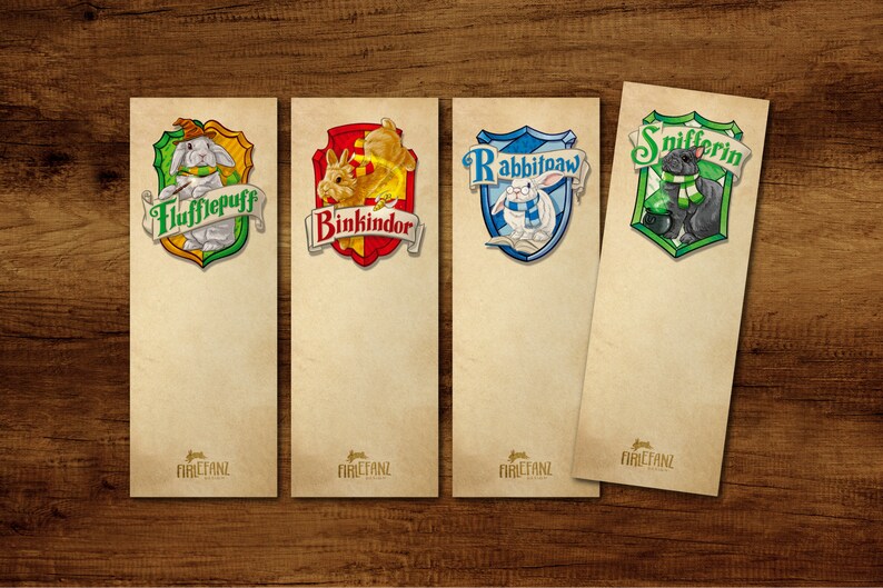 May include: Four colorful bookmarks with different animal crests. The crests feature a rabbit, a squirrel, a cat, and a bunny. Each bookmark has the name of the crest at the top and the word "FirefanZ" at the bottom.