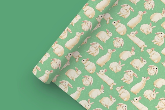 Cute Bunny Gift Wrap – Mint Green Wrapping Paper with Hand Illustrated White Rabbits | Sustainable | 50x70 cm