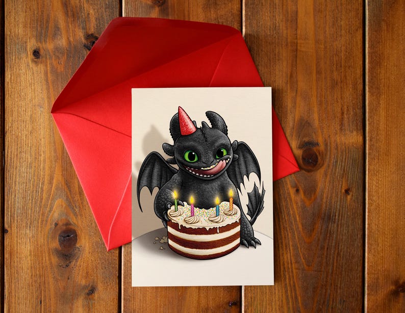 Toothless Cards Toothless Birthday Card | Hand Illustrated Night Fury Dragon Greeting ...