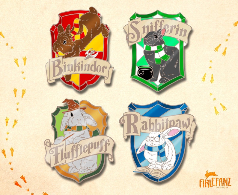 May include: Four colorful enamel pins featuring bunny rabbits in different poses. Each pin has a crest with a name: Binkindory, Snifferin, Flufflepuff, and Rabbitpaw.