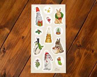 Christmas Sticker Sheet "Winter Bunnies" | 10 x 21cm | 12 Hand-Drawn Stickers | PVC-Free | Cute Holiday Stickers for Cards, Gifts & Journals