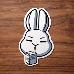 May include: A white rabbit cartoon character with a straw in its mouth drinking from a carton of juice that says "Tears of My Enemies".