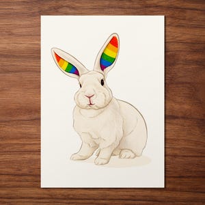 Postal de conejo con orejas de arcoíris: adorable tarjeta LGBTQ+ A6 en papel reciclado. Un regalo divertido y dulce para los amantes de los conejos.
