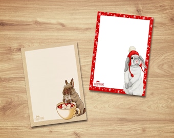 Winter Bunny Notepads | A7, 50 Sheets, 74x105mm | Hand-Drawn & Eco-Friendly | Red Pom-Pom Hat and Hot Chocolate, Christmas Gift