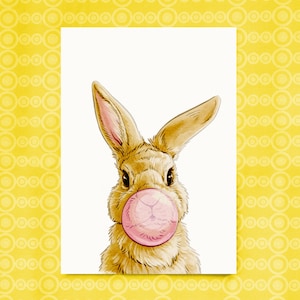 Postkarte "Kaninchen mit Kaugummi" | DIN A6 | süß & witzig, nachhaltige Papeterie, Geschenk für Kaninchenliebhaber, Hase mit rosa Kaugummi