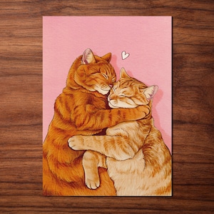 Postal "Gatos Abrazándose" / Tarjeta de Felicitación A6 para Amantes de los Gatos - Ilustrada a Mano y Ecológica, Regalo para Amantes de los Gatos, Pareja de Gatos Atigrados Mimosos