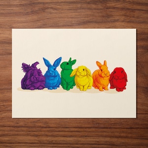 Pride Postkarte mit 6 Regenbogen-Kaninchen | A6 Grußkarte aus Recyclingpapier | LGBTQ+ Geschenk | Nachhaltige Tierkunst