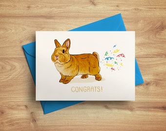 Carte de voeux « Félicitations » A6 - Joli lapin qui pète des confettis - Carte de voeux amusante avec enveloppe bleue - dessinée à la main et respectueuse de l'environnement