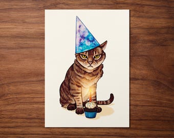 Funny Birthday Card "Grumpy Cat with Party Hat" – Hand-Drawn – Printed on Eco-Friendly Recycled Paper