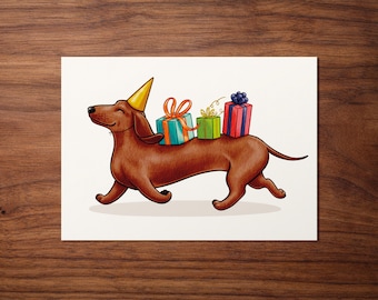 May include: A brown dachshund wearing a yellow party hat carries colorful wrapped gifts on its back. The dachshund is walking with its tongue sticking out.
