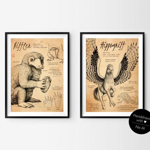 Art Print "Enchanting Creatures 1" | Hand-Drawn Magical Creatures in Bestiary Style | Eco-Friendly Recycled Paper, Fantasy Wallart