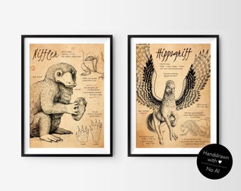 Art Print "Enchanting Creatures 1" | Hand-Drawn Magical Creatures in Bestiary Style | Eco-Friendly Recycled Paper, Fantasy Wallart