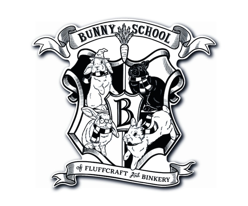 May include: Black and white illustration of a crest with the text "Bunny School of Fluffcraft and Binkery". The crest features a large "B" in the center and four bunnies wearing scarves and hats.