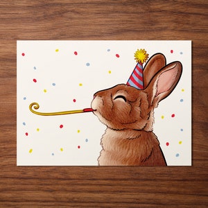 Geburtstagskarte "Kaninchen Geburtstag" – handillustrierte Postkarte A6 – Hase feiert Geburtstag – nachhaltig & süß