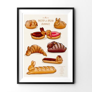 May include: A colorful illustration of pastry and bread shaped bunnies. The illustration includes a cinnamon roll, two donuts, a croissant, a loaf of bread, a baguette, and a eclair. The text "Pastry & Bread Bunnies" is at the top of the image.