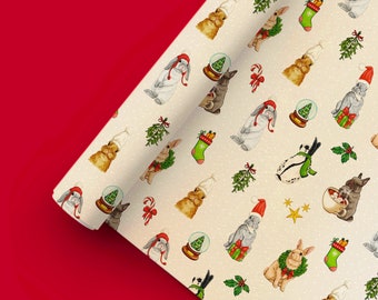 Cute Christmas Wrapping Paper with Bunnies | 50x70cm Folded to A4 | Hand-Illustrated & Sustainable |
