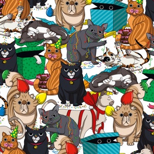May include: A colorful illustration of a birthday party for cats. The image features many cats wearing party hats, playing with confetti and balloons, and opening presents. There are also cakes and streamers in the background.