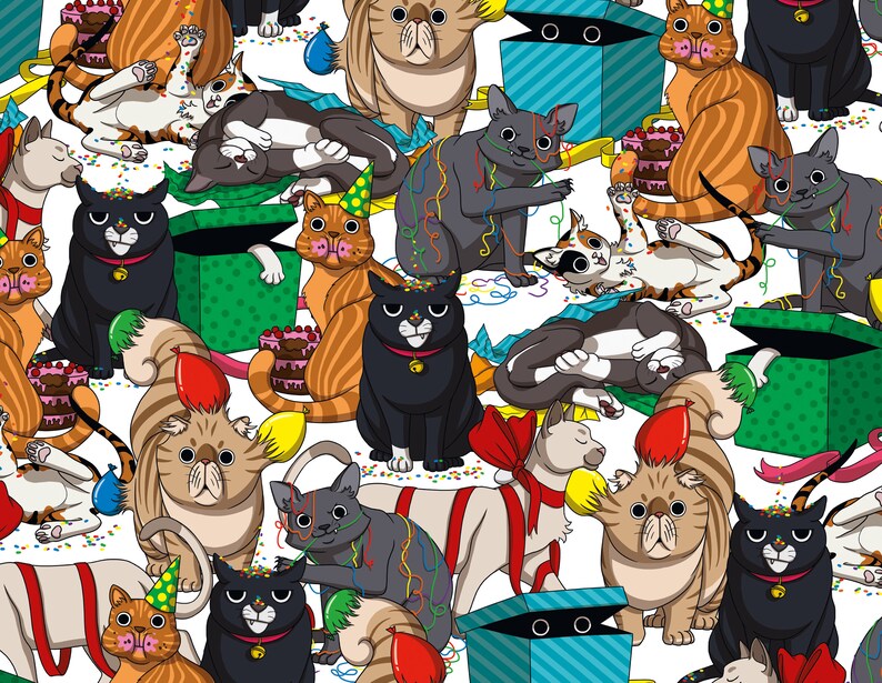 May include: A colorful illustration of a birthday party for cats. The image features many cats wearing party hats, playing with confetti and balloons, and opening presents. There are also cakes and streamers in the background.