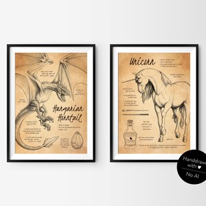 Art Print "Enchanting Creatures 3" | Hand-Drawn Magical Creatures in Bestiary Style – Dragon & Unicorn | Eco-Friendly Fantasy Wallart