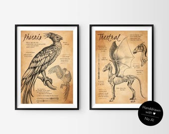 Art Print "Enchanting Creatures 2" | Hand-Drawn Magical Creatures in Bestiary Style | Eco-Friendly Recycled Paper, Fantasy Wallart