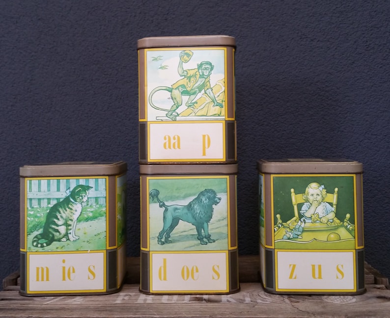 vintage tin set box Aap Noot Mies metal container Leesplankje set of 4 Typical Dutch tins Vintage kitchen storage Holland canister
