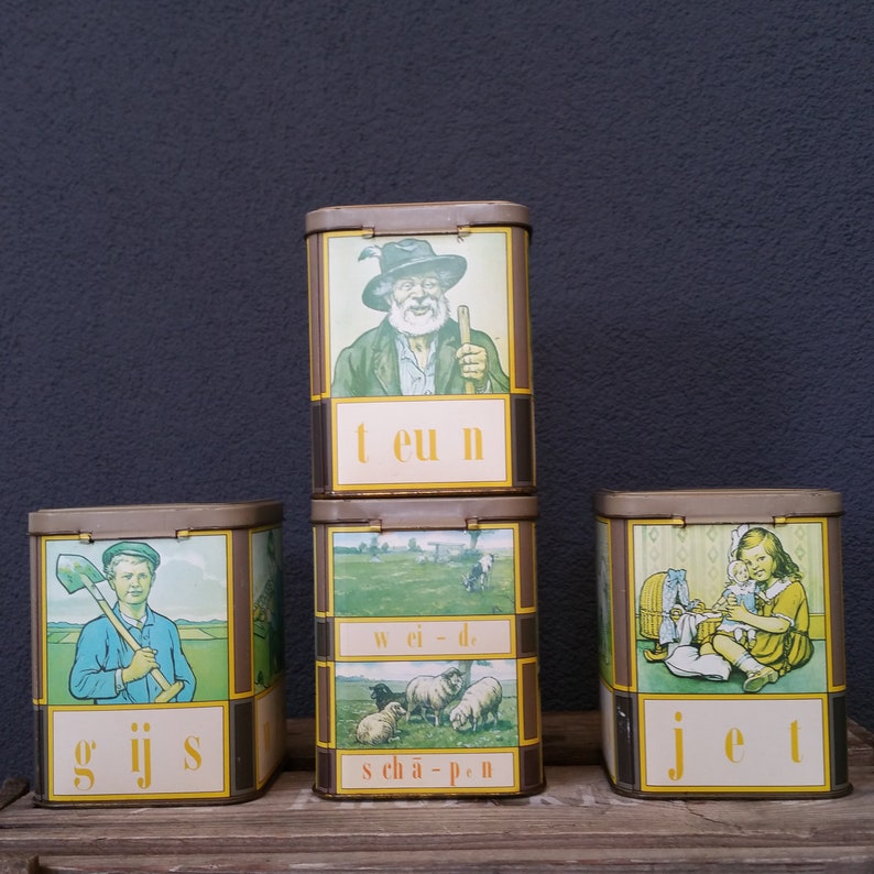 vintage tin set box Aap Noot Mies metal container Leesplankje set of 4 Typical Dutch tins Vintage kitchen storage Holland canister