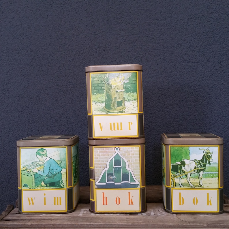 vintage tin set box Aap Noot Mies metal container Leesplankje set of 4 Typical Dutch tins Vintage kitchen storage Holland canister