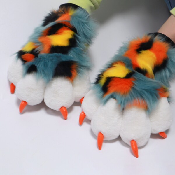 Fursuit Paws Fluffy Furry Handpaws Fursuits Partial Cosplay Blue Leopard Paws with Orange Paw Pad Claw Tips Big Paw Gloves Mittens