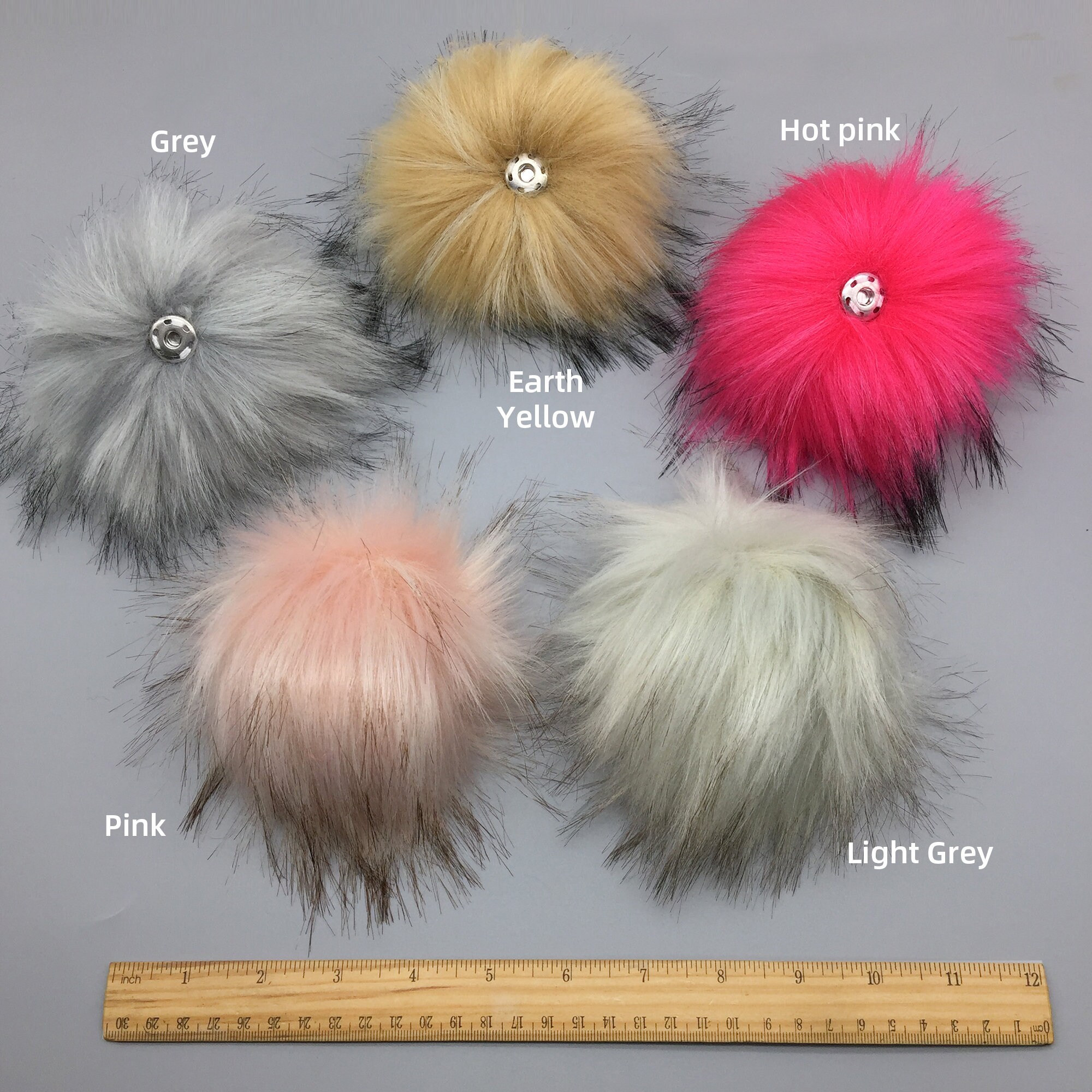 5 Pieces Natural Grey Faux Fur Pom Poms Colorful Furry Vegan Etsy