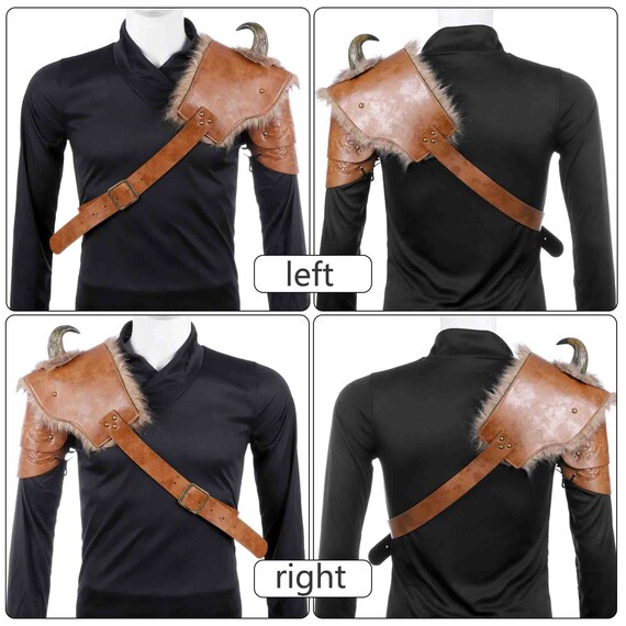 Viking Costume Medieval Warrior Women Armour Costume Cosplay LARP Adult PU Leather Brown Fur Viking Shoulder Armor with Horn (Slyte: Left)