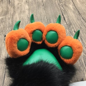 Fursuit Paws Cute Fluffy Furry Handpaws Fursuits Partial Cosplay Costume Gloves Black Fur Orange Fingers Mixed with Green Pad Claws