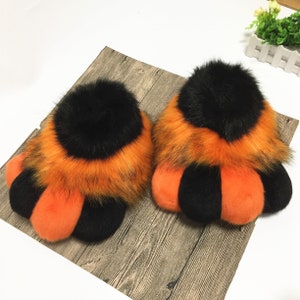 Fursuit Feet Paws Cute Fluffy Furry Feetpaws Fursuits Partials Cosplay Halloween Costume Shoes Foot Cover Orange Black