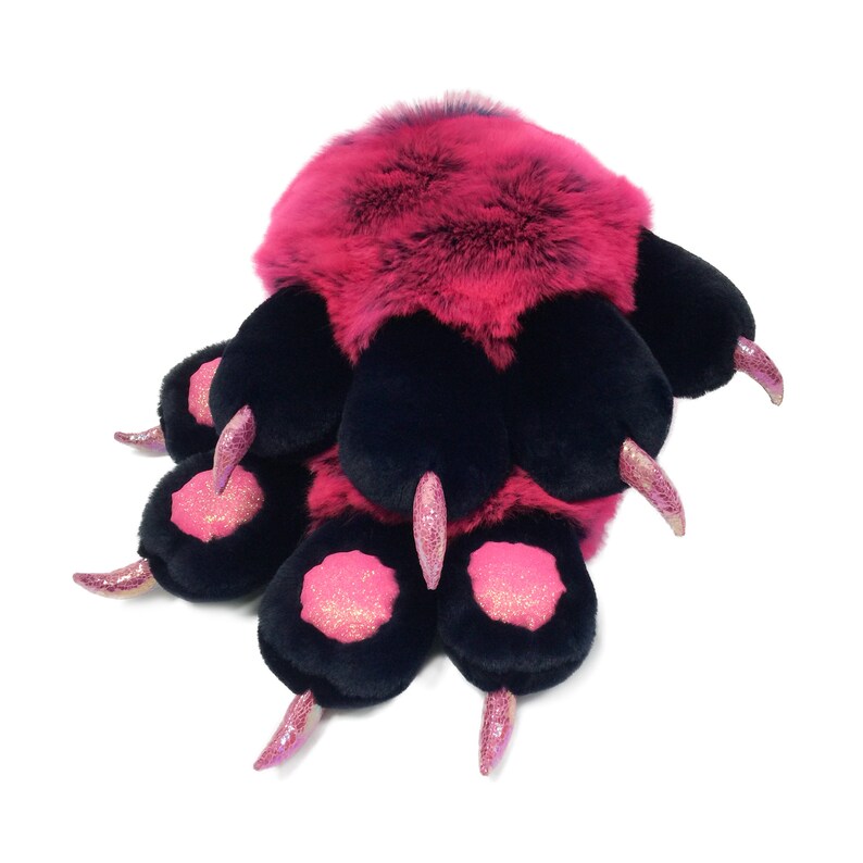 Fursuit Paws Cute Fluffy Furry Gloves Handpaws Fursuits Partials Cosplay Halloween Costume for Adults Kids Teens Gift Hot Pink Claws 