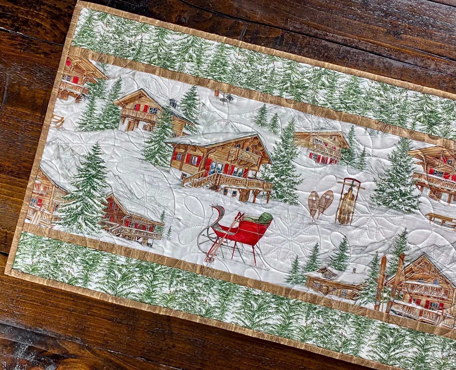 Quilted Winter 16 X 41 Table Runner Ski Lodge Scene Fabric Etsy