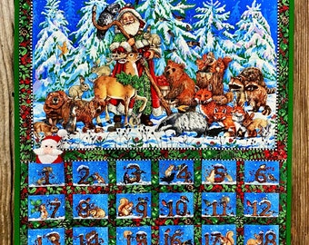 Advent Woodland Santa with Santa Ornament | Quilted Christmas Countdown | Christmas Woodland Animal Advent Calendar | Santa Wall Hanging