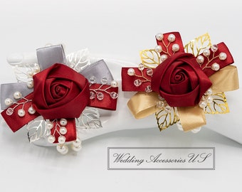 Burgundy Corsage, Gold Corsage, Bridesmaid Corsage, Prom Corsage and Boutonniere, Flower Girl Corsage