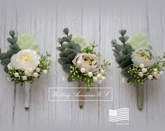 Wedding Boutonniere, Rustic Ivory Boutonniere, Grooms Boutonniere, Greenery Rustic Boutonniere, Artificial