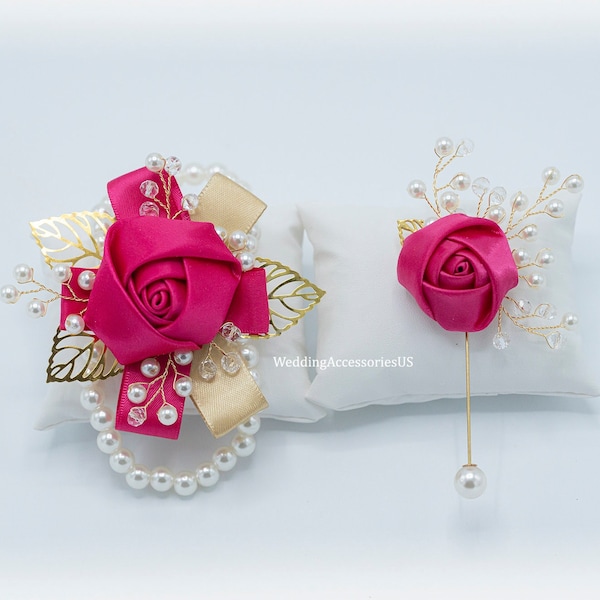 Hot Pink Corsage, Wedding Corsage, Prom Corsage, Hot Pink Corsage, Fuchsia Pink Corsage, Corsage and Boutonniere set