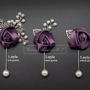 Dusty Purple Pin, Silver Boutonniere, Wedding Boutonniere with Pearls and Rhinestones, Purple Brooch Boutonniere, Dusty Purple Rose Pin