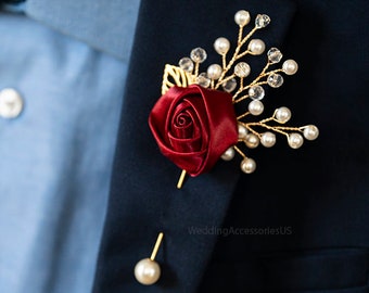 Burgundy Boutonniere, Brooch Boutonniere, Christmas Wedding, Grooms Pin, Groomsmen Pins, Gold Boutonniere, Winter Boutonniere, Wedding Pin